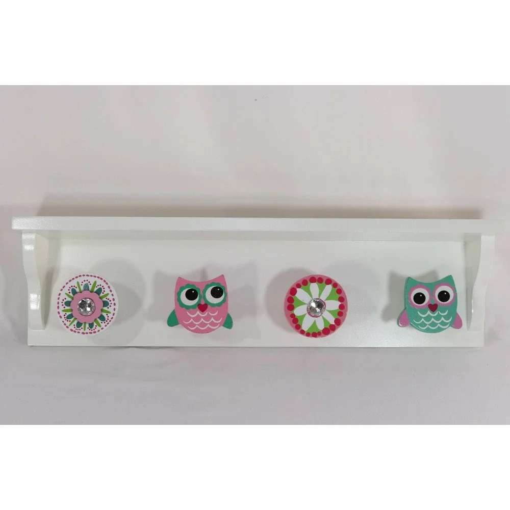 Precious Little Ones Collection White Owl Floral Wall Shelf 4 Hooks K3731WH